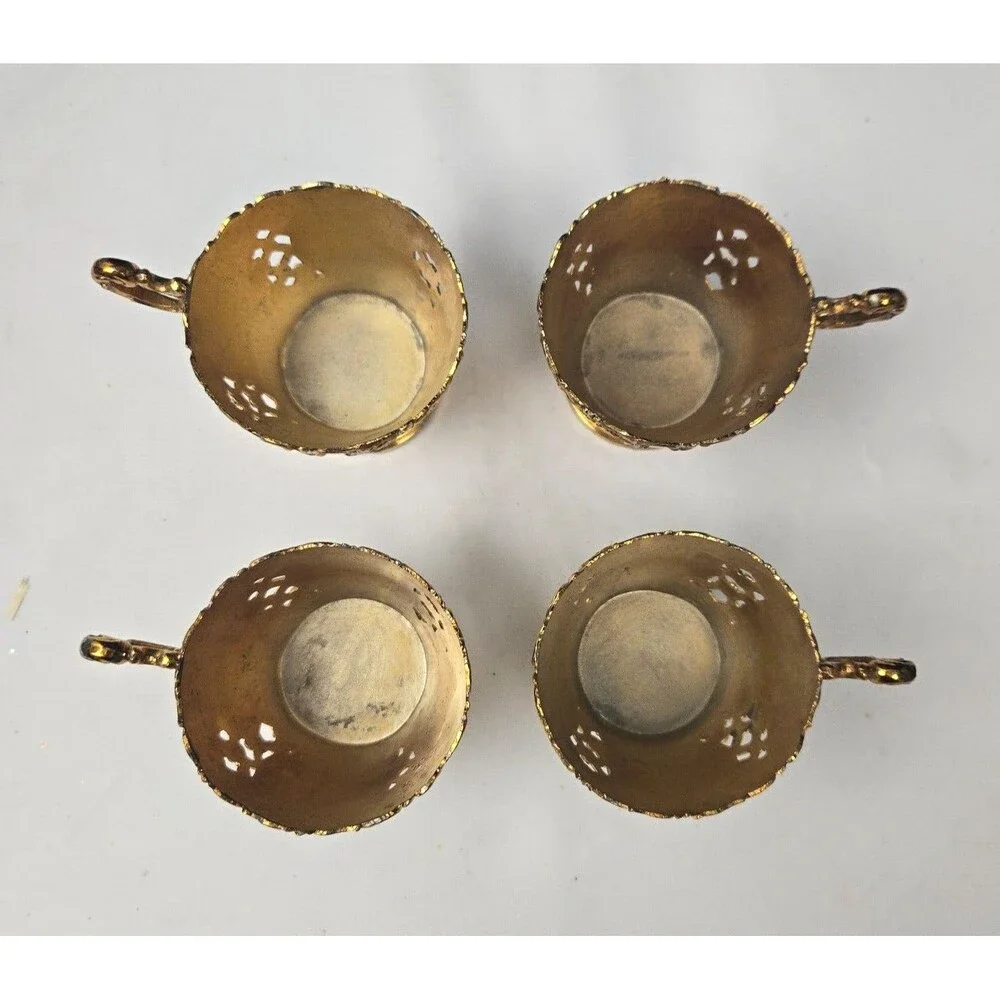 Gold Brass Gilded Plated Metal Demitasse Tea Set Cup Holder & Saucer Set of 4 - Picture 10 of 13